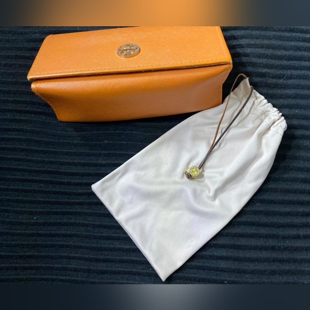 Authentic Tory Burch Orange Leather Sun Glass Case with dust Bag with gold Logo